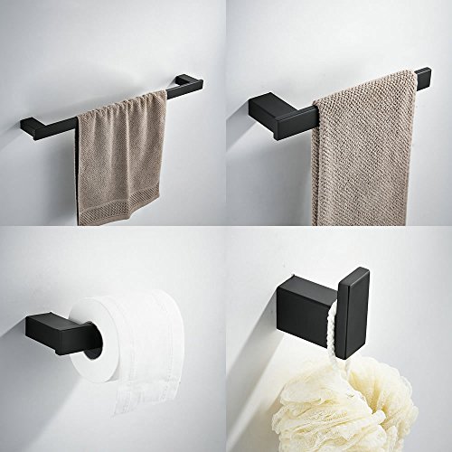 Juego de accesorios de baño de 4 piezas, incluye barra de toallas Kelelife de 60,96 cm, soporte para toallas, gancho para bata, soporte para rollos de pañuelos, pintura negra