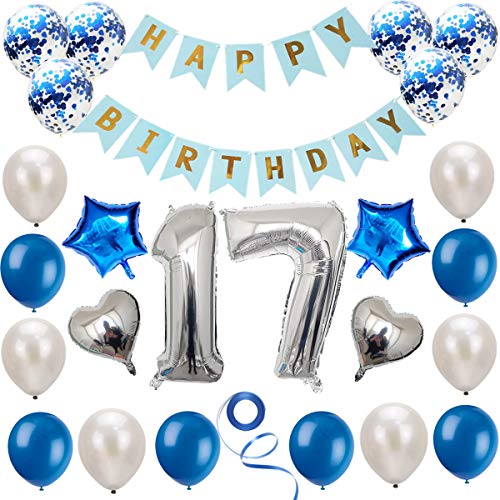 Juego de decoración de 17 cumpleaños azul plateado, decoración de cumpleaños, decoración de fiesta de cumpleaños, pancarta de feliz cumpleaños, decoración de globos de números plateados de 17 años