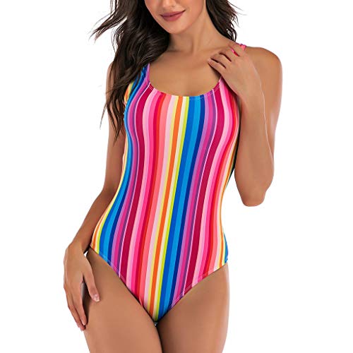 KEERADS 2020 - Bañador para mujer con forma de figura, traje de baño deportivo de una pieza, diseño de rayas multicolor M