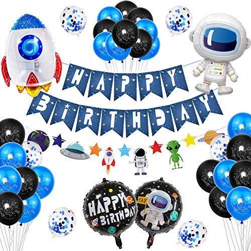 Keyzone Decoración de cumpleaños espacial para fiesta de cumpleaños, decoración de astronautas, nave espacial en 4D, globo de papel de aluminio, guirnalda extraterrestre