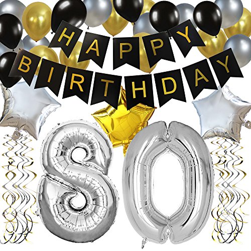 KUNGYO Clásico Decoración de Cumpleaños -“Happy Birthday” Bandera Negro;Número 80 Globo;Balloon de Látex&Estrella, Colgando Remolinos Partido para el Cumpleaños de 80 Años