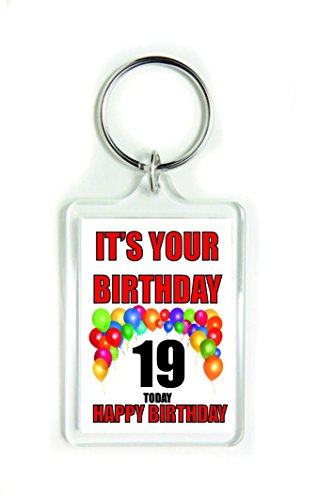 Llavero acrílico con texto en inglés «It's your Birthday 19 Today Happy Birthday»