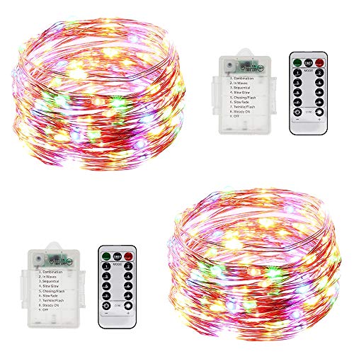 Luces de hadas con mando a distancia, 32,8 pies, 100 luces LED que cambian de color, funciona con pilas, luces LED de hadas en alambre de cobre con 8 modos de luz para boda, Navidad (luces coloridas)