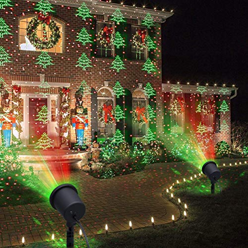 Luces de Navidad, proyector decorativo LED, para jardín exterior, verde, con abetos y puntos rojos y verdes, para Navidad, San Valentín, aniversario y más
