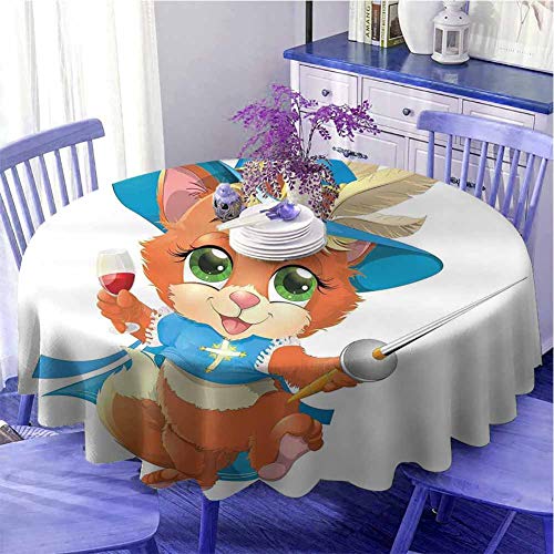 Mantel redondo ligero para gatos con una copa de vino, caballero, gato, diseño de dibujos animados para amigos, diámetro de 55 pulgadas, color azul, beige y naranja