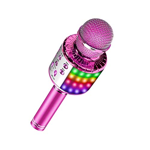 Micrófono inalámbrico Bluetooth Karaoke con luces LED multicolores,  Micrófono portátil portátil 4 en 1 con cambio de voz mágico(Pink)