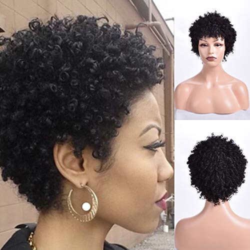 MISHAIR Pelucas cortas rizadas afro,Pelucas sintéticas para mujer negra resistente al calor,Pelo aspecto natural completo con el casquillo de la peluca