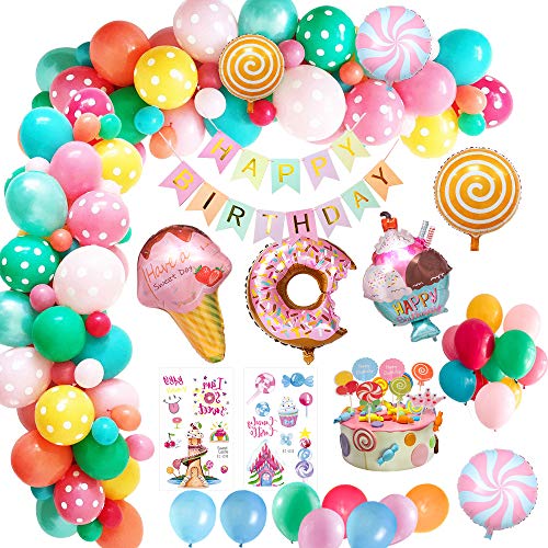 MMTX Decoraciones Fiesta Cumpleaños Candyland, Fiesta de cumpleaños con Pancarta de Feliz cumpleaños, Caramelo Donut Helado Globo De Aluminio para niñas niños Mujeres Candyland Lollipop Party