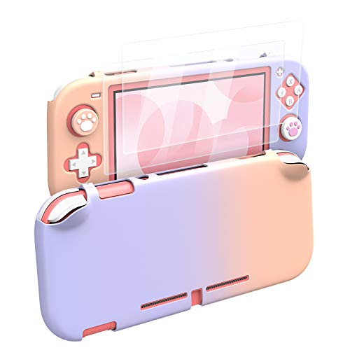 MoKo Funda para Nintendo Switch Lite, Protectora para PC con 4 Tapas de Agarre Pulgar y 2 Protectores Pantalla de Vidrio Templado Transparente HD, Antideslizante, Resistente a Arañazos, Rosa + Violeta