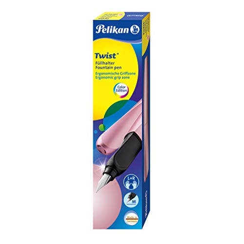 Pelikan 806251 - Pluma estilográfica Twist cartucho de tinta azul incluido, mango ergonómico, para usuarios diestros y zurdos, uso escolar, punta de acero M, Rosado