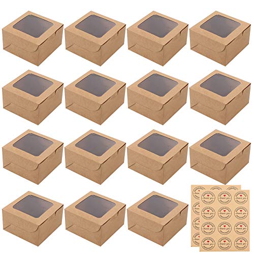 Pveath Mini cajas de pasteles,24 piezas caja de papel kraft con ventana y 24 piezas adhesivas,cajas de papel kraft para alimentos,galletas,pan,caramelos,rebanadas de pastel y postres