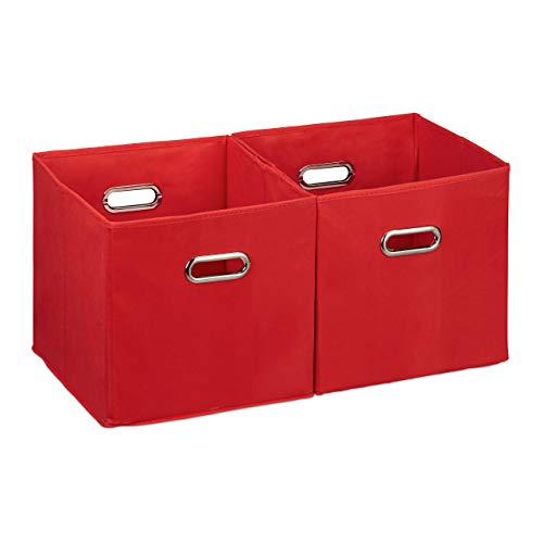 Relaxdays Cajas de almacenaje, Set de dos cestas, Sin tapa, Con asas, Plegable, Cuadrado, 30 cm, Rojo