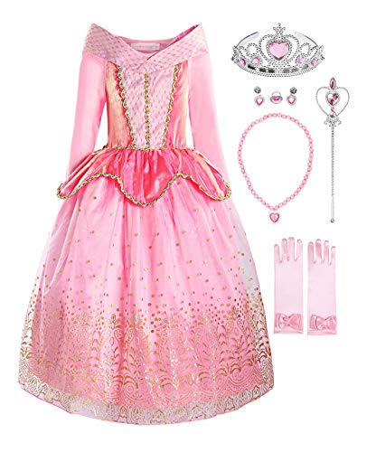 ReliBeauty Vestido del Traje de la Princesa Aurora Ropa Partido Vestuario del La Bella Durmiente Vestido de Tul con la Lentejuela y el Ornamento de Oro niña,2-3 años (100),con Accesorios