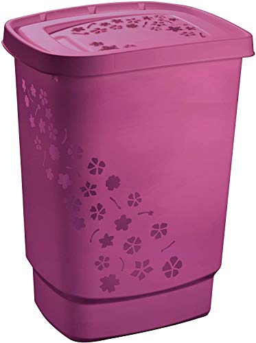 Rotho Flowers, Colector de lavandería 55l con tapa, Plástico PP sin BPA, rosa, 55l 44.7 x 34.7 x 60.5 cm