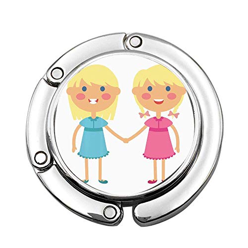 Rubia Twin Girls Tomados de la Mano Estilo de Dibujos Animados Composición Niños Plegable Lady Handbag Mesa Escritorio Gancho Gancho Monedero Soporte para suspensión de Mesa