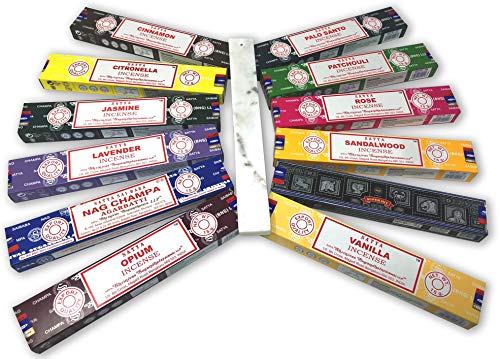 Satya Surtido Mix Inciensos Aromáticos + Inciensario Mármol, 12 Paquetes de 15 g., Incienso Natural Aromaterapia, Gran Duración Aroma Delicado