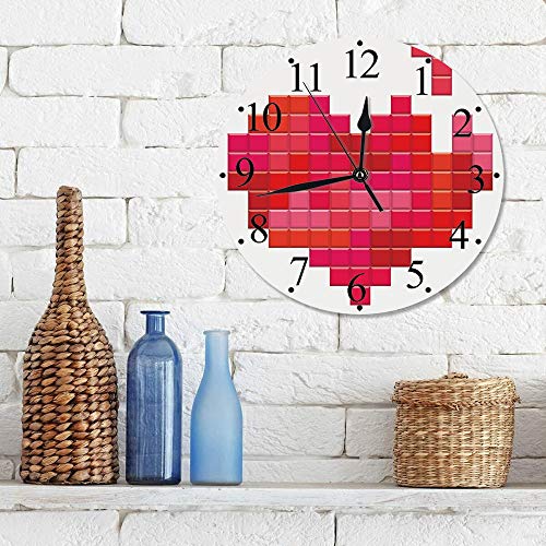 Silencioso Wall Clock Decoración de hogar de Reloj de Redondo,Día de San Valentín, Videojuego Tetris Red Heart Vintage Pixelated Design Joyful Romantic, ,para Hogar, Sala de Estar, el Aula