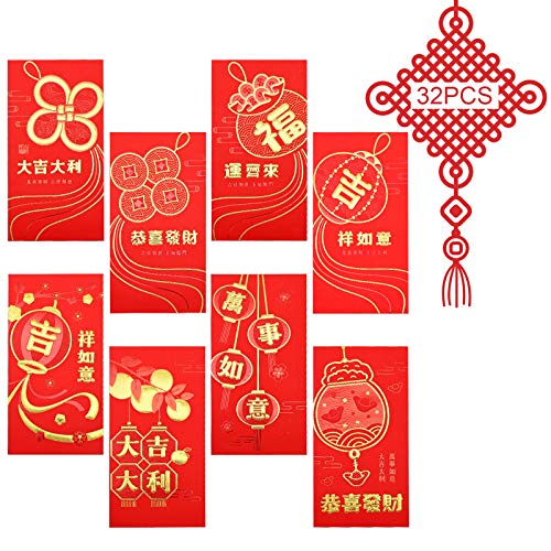 Sobres Rojos Chinos, 32 piezas 2021 Sobres Tradicionales de Hong Bao para el año Nuevo, Años del Buey Chino Bolsas de Dinero de la Suerte de China para Fiestas, Bodas y Año Nuevo Chino （17 * 9 cm）