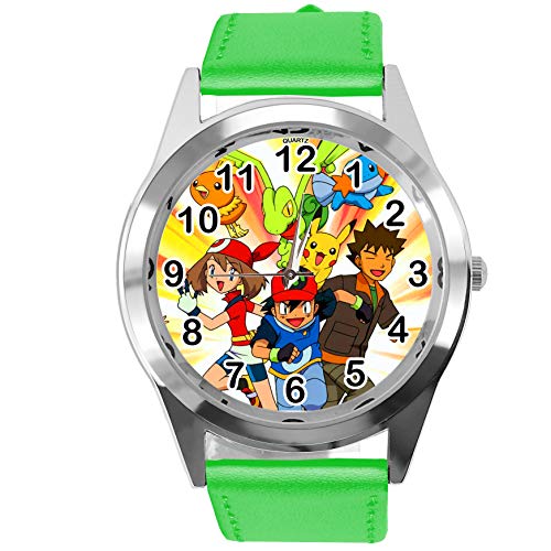 TAPORT® Pokemon League Team Reloj redondo de cuarzo con correa de piel verde