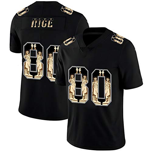 TOMORROWSTRA Camisetas de fútbol Americano Rice, Camiseta de Rugby n. ° 80, Camisetas Deportivas de Manga Corta Bordadas de Secado rápido para Hombres-Black-S(160~175)