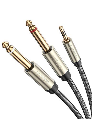 UGREEN Cable Audio Estéreo Jack 3.5mm a Doble 6.35mm, Cable Auxiliar Nylon Trenzado Chapado en Oro, Cable de Instrumento de Interfaz Digital para Mezclador, Amplificador, Guitarra, Grabador, 1Metros