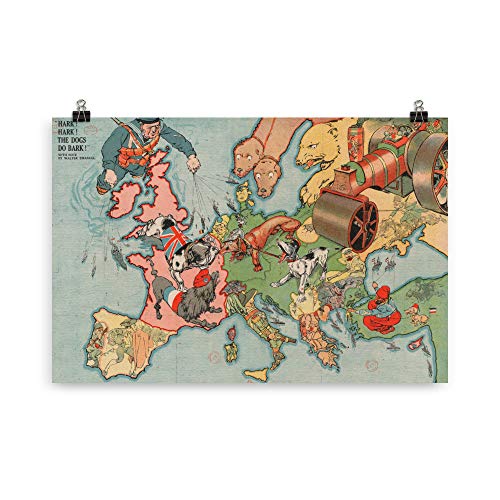 Vaultrenda Unframed Museum Quality Posters - Comic map of Europe at war - WW1 poster - Funny old maps wall art - European dogs print - Russian bear wall décor