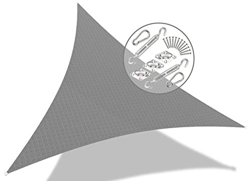 VOUNOT Toldo Vela de Sombra Triangular 5 x 5 x 5 m, Incluye 19 Kits de Montaje, Protección Rayos UV y HDPE Transpirable, para Exterior, Jardin, Patio, Gris