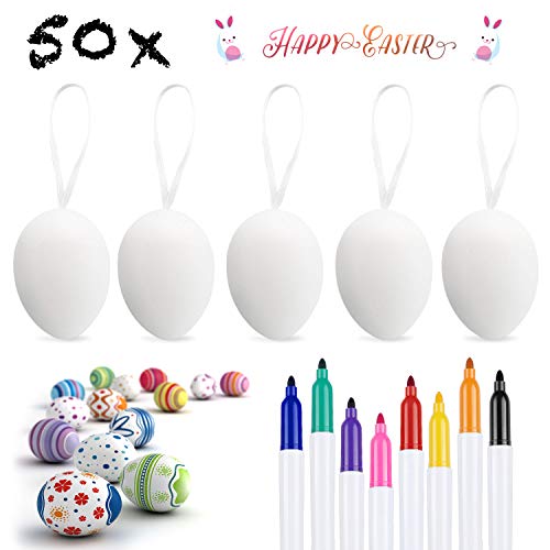 Weeygo 50x Huevos de Pascua Decorados, Huevos de Plástico para Colgar con Cuerda, Manualidades de Bricolaje de Pascua Que Pintan para La Decoración y El Regalo