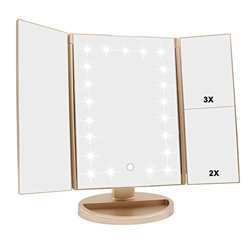 WEILY Espejo de maquillaje ,1x / 2x / 3x Espejo de maquillaje de tres pliegues con 21 luces LED y pantalla táctil ajustable Espejo iluminado Tocador Espejos cosméticos de encimera (Oro)