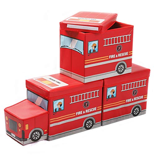 Yorbay 3X Caja de Almacenamiento para niños de Juguetes Plegable con Tapa, Taburete Infantil, Plegable, para niños y niñas (Rojo/Camión de Bomberos)