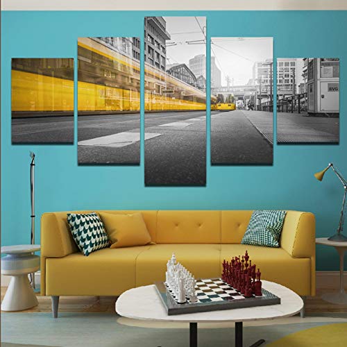 5 piezas El tren amarillo que pasa por la ciudad gris Contraste de color, composición Decoración para el hogar Póster de impresión en lienzo (20x35cm) x2 (20X45cm) x2 (20x55cm) Sin marco