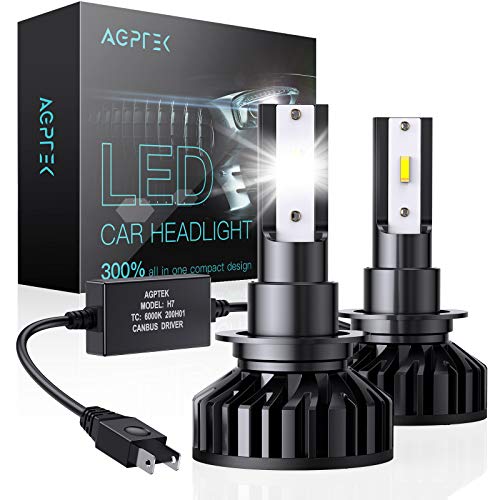 AGPTEK 2 Pcs Bombilla H7 LED Coche con Resistente al Agua, 60W 10000LM Luces LED para Reemplazo del Bombilla del Faro para Coche, 12V 6000K, Blanco Frío