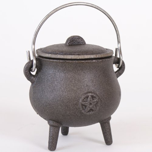 Attractive Small Cast Iron Cauldron With Pentagram Design Plus Lid and Handle. Approx 11cm Tall- Not Including Handle by THE FLYING WITCH
