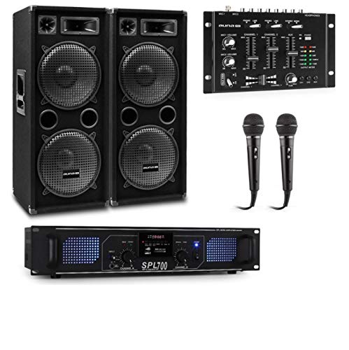 Auna Pro PW- MKII Lote de PA para Karaoke, Amplificador + 2 Altavoces pasivos de PA + Mezclador de DJ + 2 micrófonos, Amplificador de 2 Salidas de 250 W, 4 subwoofer de 12" / 1000 W/de 3 vías, Negro
