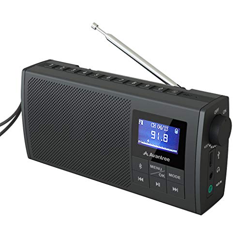 Avantree Soundbyte Pequeña Radio FM portátil & Bluetooth 5.0 Altavoz 2 en 1, Stereo Dual Sonido 6W, FM Auto Scan, Antena telescópica retráctil Gran recepción, Batería Recargable (No SD Card No Am)