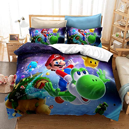 Batte Super Mario - Juego de funda de edredón de microfibra, funda de edredón suave con fundas de almohada para dormitorio de adultos y niños (200 x 200 cm)
