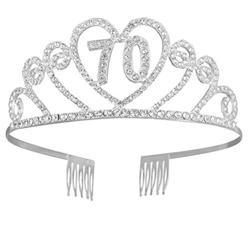 Beaupretty Corona Cumpleaños 70 Años Diseño de Corazón Diadema Cumpleaños Tiara Cristal con Peineta Accesorio de Pelo para Mujeres (Plateado)