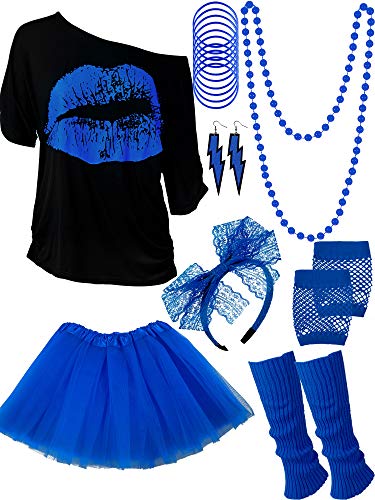 Blulu Juego de Accesorios de Disfraz de los Años 1980, Camisetas Tutu Diadema Pendientes Colalr Calentadores de Pierna (Azul Real, M)