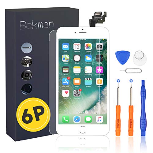Bokman LCD Pantalla para iPhone 6 Plus Reemplazo de Pantalla LCD con Botón de Inicio, Cámara Frontal, Sensor Flex, Altavoz Auricular y Herramientas de Reparación(Blanco)