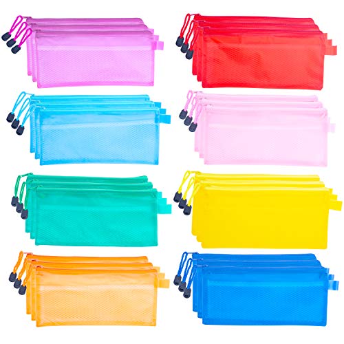 Bolsa con Cremallera Pack 24 Bolsas de Plástico para Documentos 23,5 x 11cm - Mini Sobres Plastico Impermeable, Bolsa de Viaje para Lápices, Bolígrafos, Facturas y Cosméticos – 8 Colores