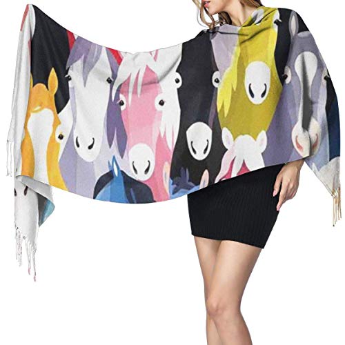 Bufanda de mantón Mujer Chales para, Caballos de dibujos animados coloridos Bufanda cálida de invierno para mujer Moda Bufandas largas grandes y suaves de cachemira Chal