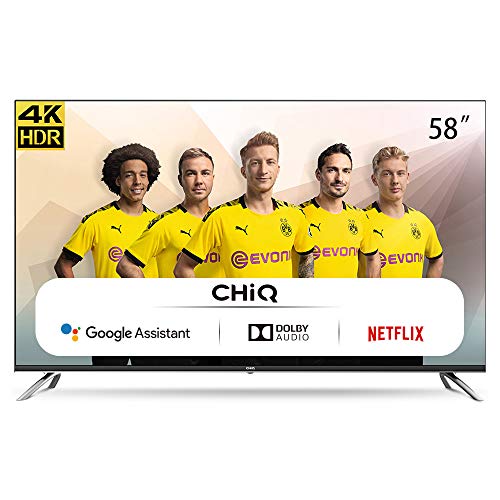 CHiQ Televisor Smart TV LED 58 Pulgadas, Android 9.0, Smart TV, UHD, 4K, WiFi, Bluetooth, Google Play Store, Google Assistant, Netflix, Prime Video, HDMI, USB-U58H7A