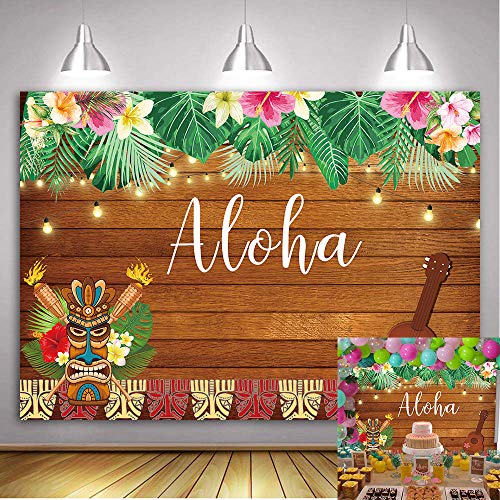 Daniu 210cmx150cm Aloha Party Telón de fondo Tropical Flores hawaianas Escultura de madera Fotografía Fondo Mar Palm Cumpleaños Fiesta musical Banner Decoración Pastel Decoración de mesa Booth Atrezzo