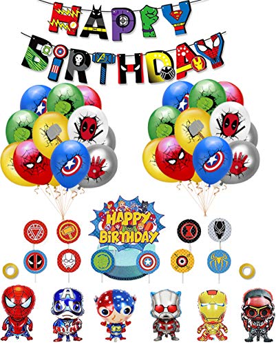Decoracion Cumpleaños Superheroes Globos de Superhéroe Feliz Cumpleaños del Pancarta Superheroes Adornos de Pastel Superhéroe Marvel Cumpleaños Decoracion
