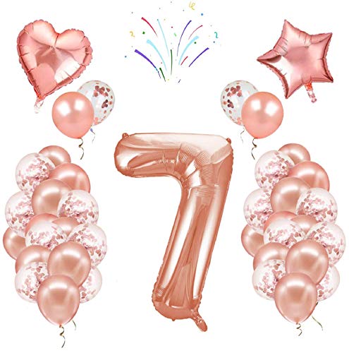 Decoración de globos de cumpleaños, número[7], 40 pulgadas, oro rosa, 24 globos de confeti de látex, fiesta de cumpleaños boda aniversario decoración conjunto