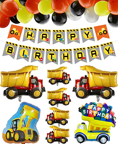 Decoraciones para Fiestas de Construcción, HAPPY BIRTHDAY Pancarta, 8 Globos con Forma de Camión y 40 Globos Temáticos de Construcción para Fiestas de Cumpleaños Infantiles (Construcción)