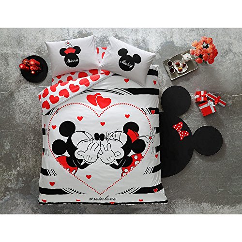 Disney - Juego de funda de edredón de Minnie y Mickey San Valentín con inscripción «Amour so in love», 100 % algodón, cama de matrimonio, 4 piezas