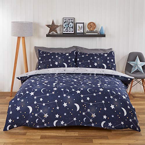 Dreamscene Moon Stars Galaxy - Juego de Funda de edredón y Funda de Almohada Reversible, diseño de Cielo Nocturno, Color Azul Marino y Gris