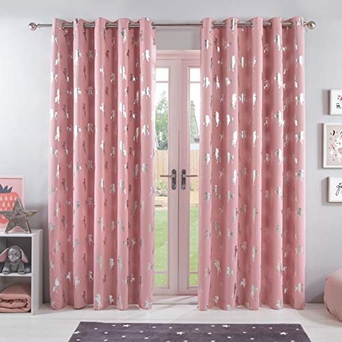 Dreamscene Par de Cortinas Opacas térmicas de Unicornio metálico, supersuaves, con Ojales en la Parte Superior, Paneles de Tratamiento para Ventanas, niños, Rosa Rubor, 167,6 x 183 cm