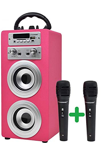 DYNASONIC - Altavoz Bluetooth Portatil con Modo Karaoke y Micrófono, Radio FM y Lector USB SD (Modelo Rosa) (2 Micros TWS)